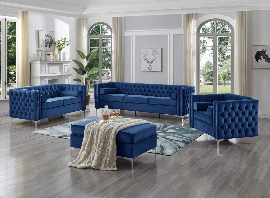 IF-8008 3 Pcs. Blue Velvet Sofa-Loveseat-Chair Set With Deep Tufting